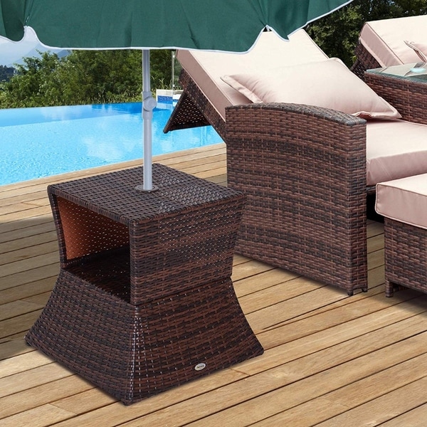Outsunny Wicker Rattan Outdoor Patio Side Table with Umbrella Hole - On