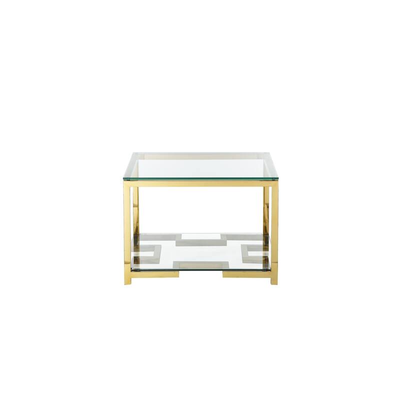 Glass Side Table with Geometric Metal Base and Open Shelf, Gold and Clear