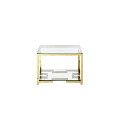 Glass Side Table with Geometric Metal Base and Open Shelf, Gold and Clear