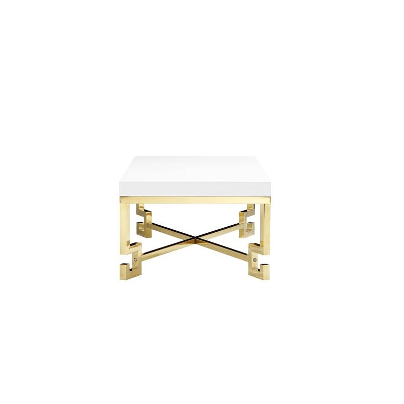 Wooden Square Side Table with Designer Metal Feet and X Crossed Support, White and Gold