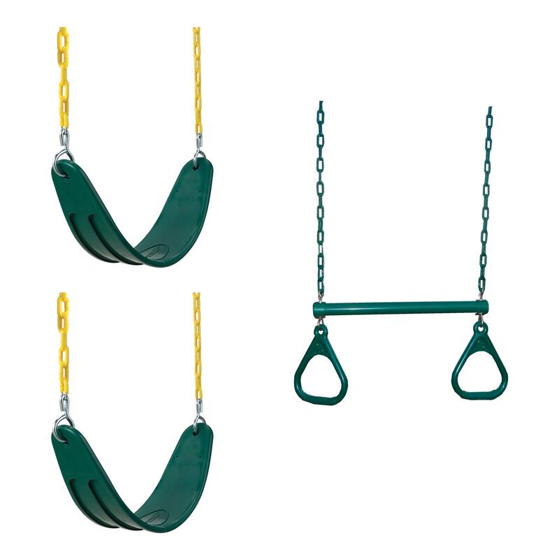 Swing-N-Slide 2 Green Extreme-Duty Swing Seats with Chains and Extreme-Duty Ring & Trapeze Bar Combo - 26" L x 6" W x .5" Thick