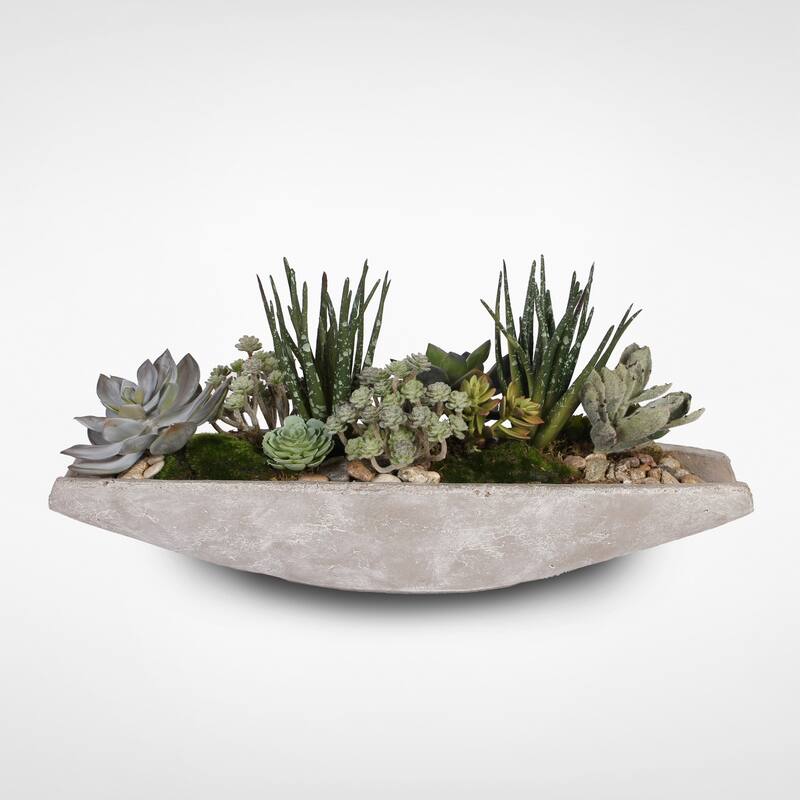 Assorted Artificial Succulents with Natural Pebbles in a Stone Boat