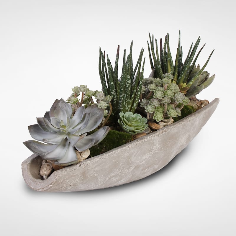 Assorted Artificial Succulents with Natural Pebbles in a Stone Boat