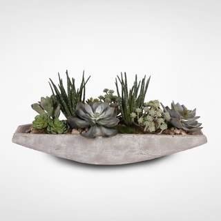 Assorted Artificial Succulents with Natural Pebbles in a Stone Boat