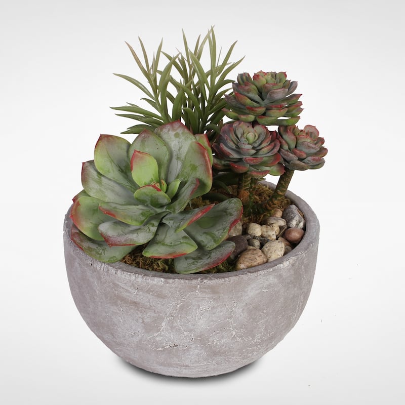 Artificial Succulents with Natural Pebbles in a Cement Bowl