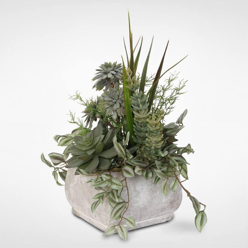 Assorted Artificial Succulents & Greenery in a Stone Pot - Green