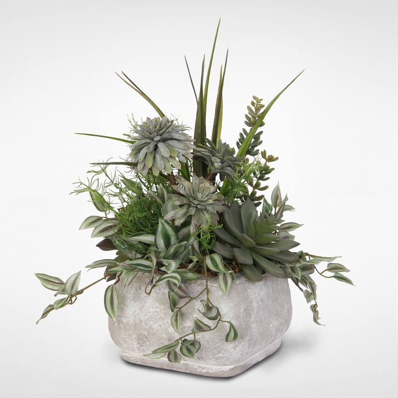 Assorted Artificial Succulents & Greenery in a Stone Pot - Green