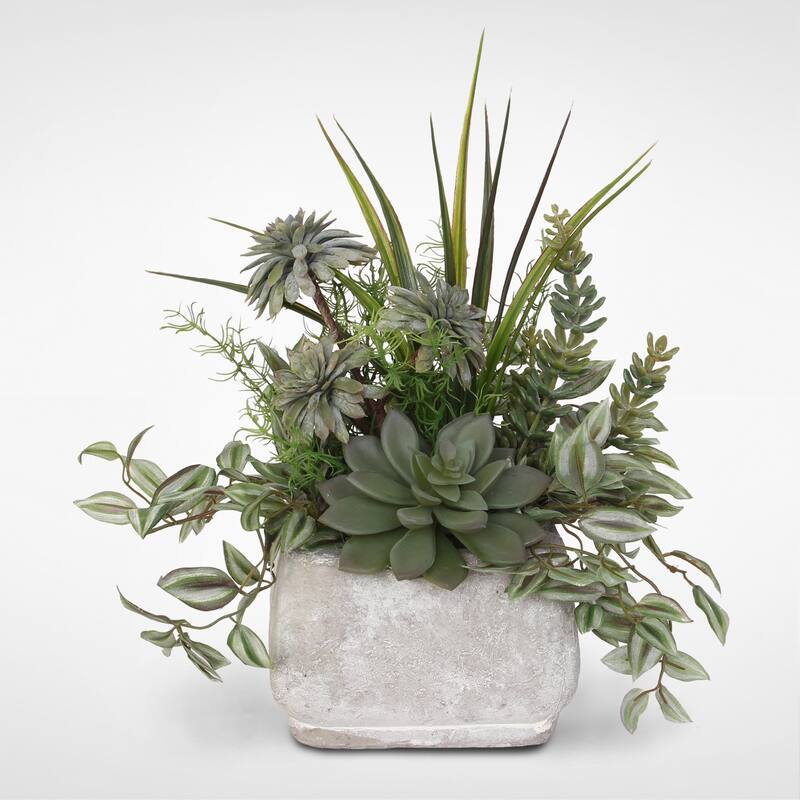 Assorted Artificial Succulents & Greenery in a Stone Pot - Green