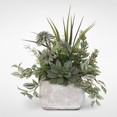 Assorted Artificial Succulents & Greenery in a Stone Pot - Green