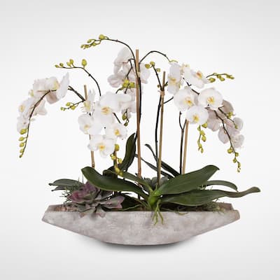 Real Touch White Phalaenopsis Orchids in a Stone Boat Pot