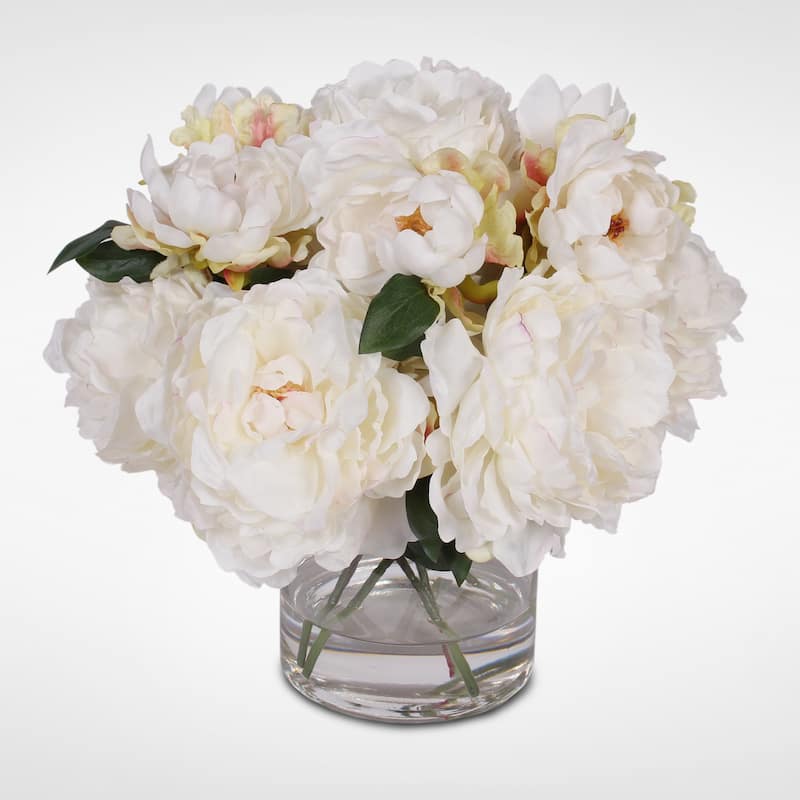 Cream White Silk Peonies with Faux Water in a Glass Vase