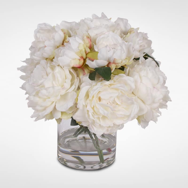 Cream White Silk Peonies with Faux Water in a Glass Vase