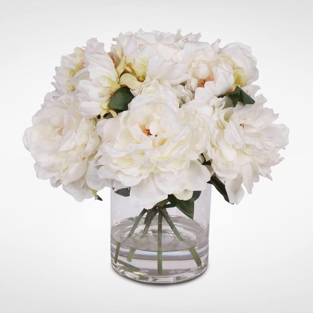 Cream White Silk Peonies with Faux Water in a Glass Vase