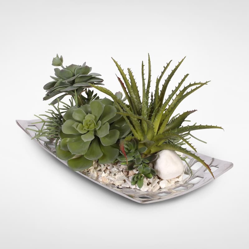 Artificial Succulents with Natural Pebbles in an Aluminum Tray