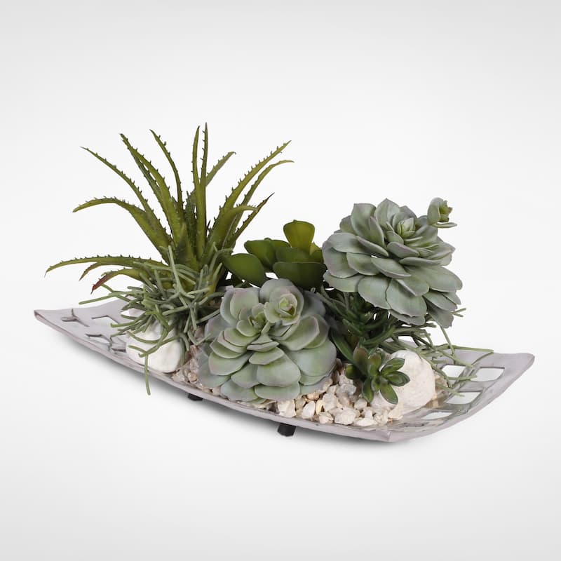 Artificial Succulents with Natural Pebbles in an Aluminum Tray