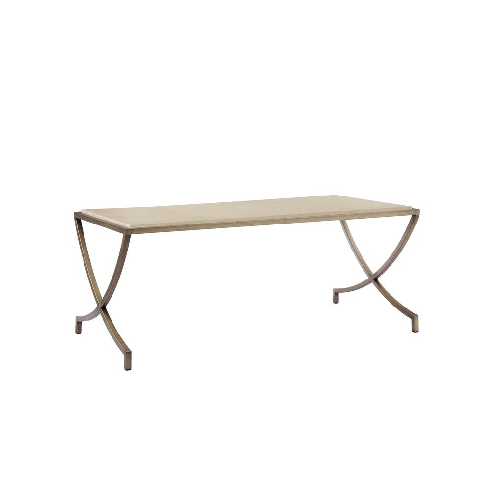 Marble Coffee Table with Metal X Style Curved Legs, Gold and Beige
