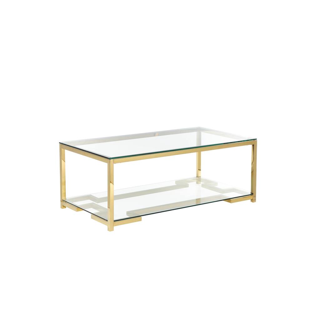 Glass Coffee Table with Geometric Metal Base and Open Shelf, Gold and Clear