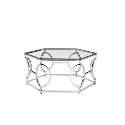 Metal Frame Coffee Table with Glass Top and Three Dimension Circular Design, Silver and Clear