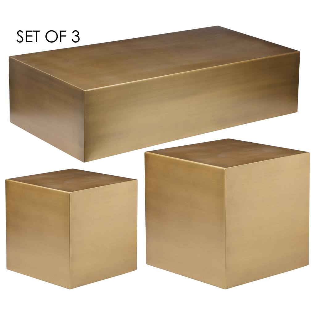 Metal Constructed Coffee Table with Two Side Tables, Gold, Set of Three