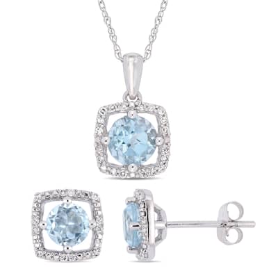 Miadora 10k White Gold Sky-Blue Topaz and 1/6ct TDW Diamond Floating Halo Jewelry Set