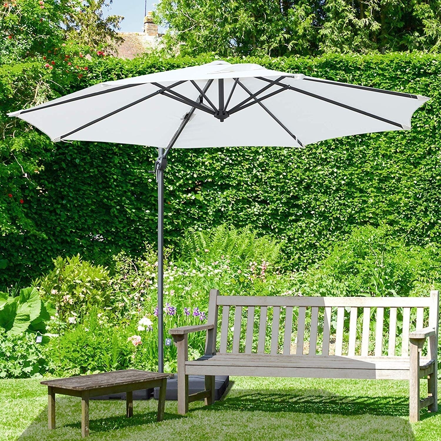 Shop Outsunny 9 5 Hanging Tilt Offset Cantilever Patio Umbrella With Base Stand Overstock 27636276