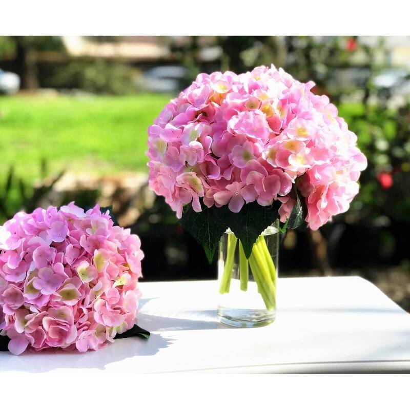 Enova Home Artificial Pink Fake Silk Hydrangea Flowers Arrangement in Clear Glass Vase with Faux Water for Home Decor