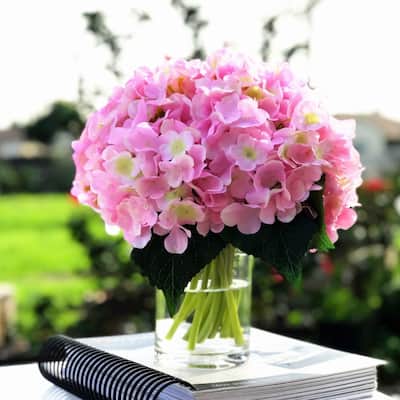 Enova Home Artificial Pink Fake Silk Hydrangea Flowers Arrangement in Clear Glass Vase with Faux Water for Home Decor