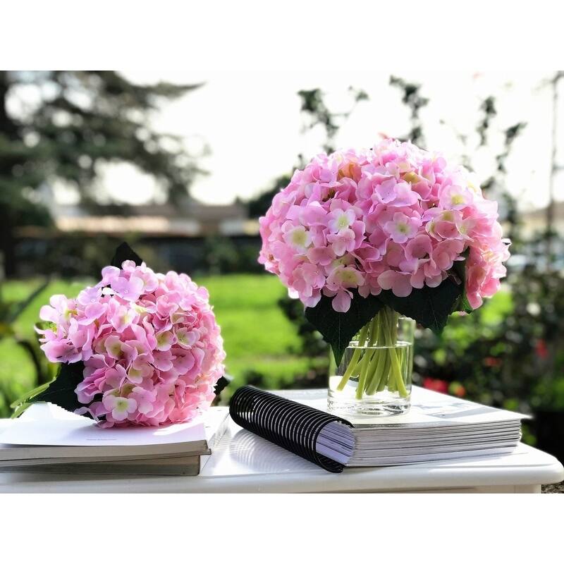 Enova Home Artificial Pink Fake Silk Hydrangea Flowers Arrangement in Clear Glass Vase with Faux Water for Home Decor