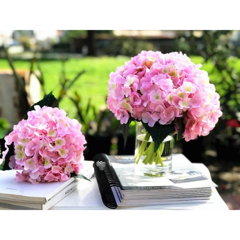 Enova Home Artificial Pink Fake Silk Hydrangea Flowers Arrangement in Clear Glass Vase with Faux Water for Home Decor