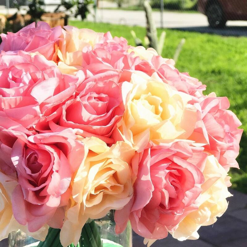 Enova Home Artificial Open Fake Silk Roses Flowers Arrangement in Clear Cylinder Glass Vase with Faux Water for Home Decor