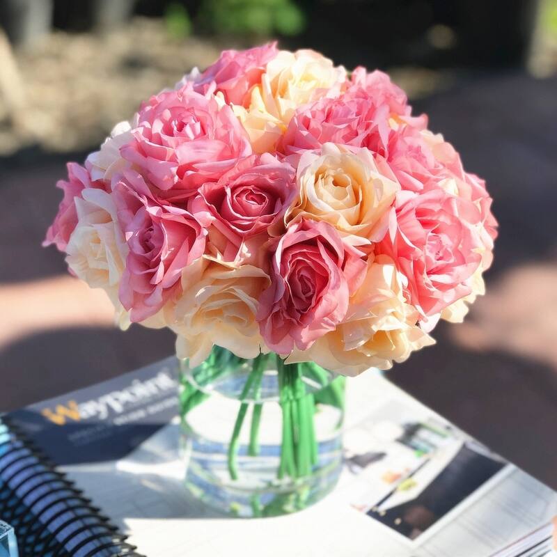 Enova Home Artificial Open Fake Silk Roses Flowers Arrangement in Clear Cylinder Glass Vase with Faux Water for Home Decor