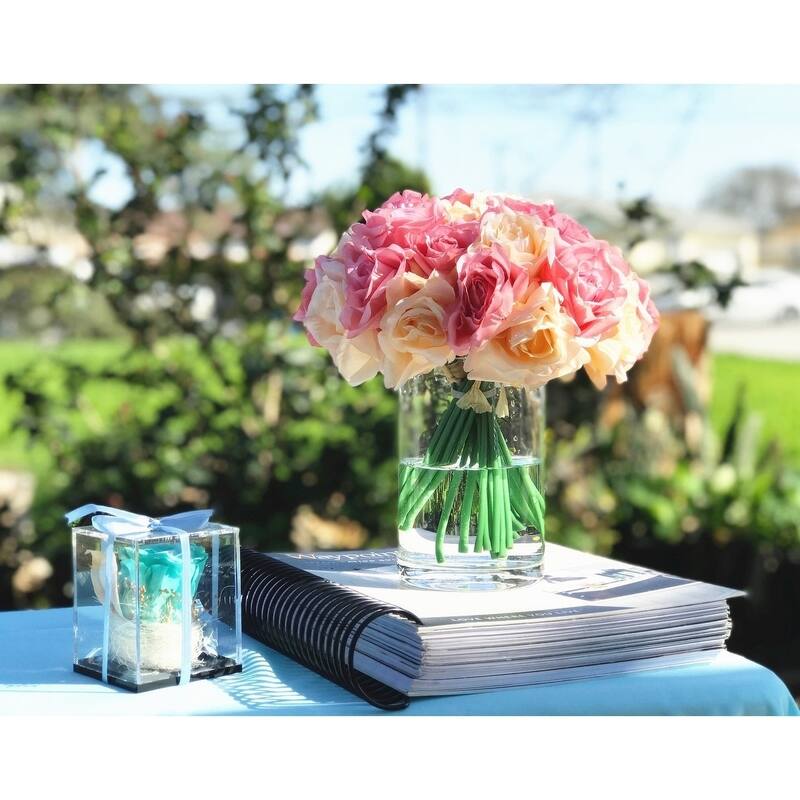 Enova Home Artificial Open Fake Silk Roses Flowers Arrangement in Clear Cylinder Glass Vase with Faux Water for Home Decor