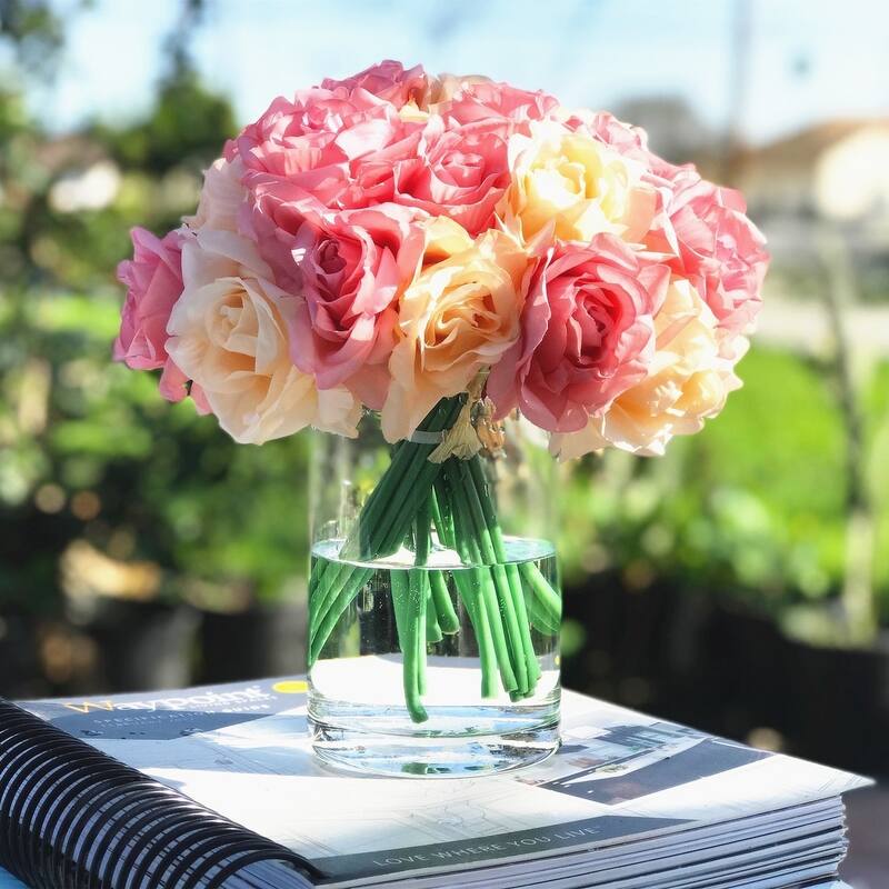 Enova Home Artificial Open Fake Silk Roses Flowers Arrangement in Clear Cylinder Glass Vase with Faux Water for Home Decor - Pink Blush