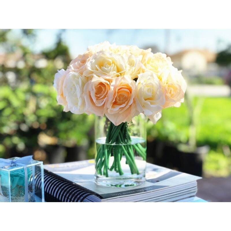 Enova Home Artificial Open Fake Silk Roses Flowers Arrangement in Clear Cylinder Glass Vase with Faux Water for Home Decor