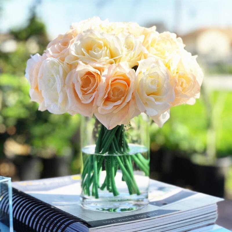 Enova Home Artificial Open Fake Silk Roses Flowers Arrangement in Clear Cylinder Glass Vase with Faux Water for Home Decor - Cream Blush