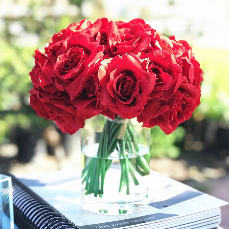 Enova Home Artificial Open Fake Silk Roses Flowers Arrangement in Clear Cylinder Glass Vase with Faux Water for Home Decor - Red
