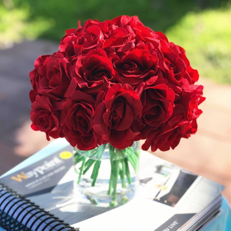 Enova Home Artificial Open Fake Silk Roses Flowers Arrangement in Clear Cylinder Glass Vase with Faux Water for Home Decor