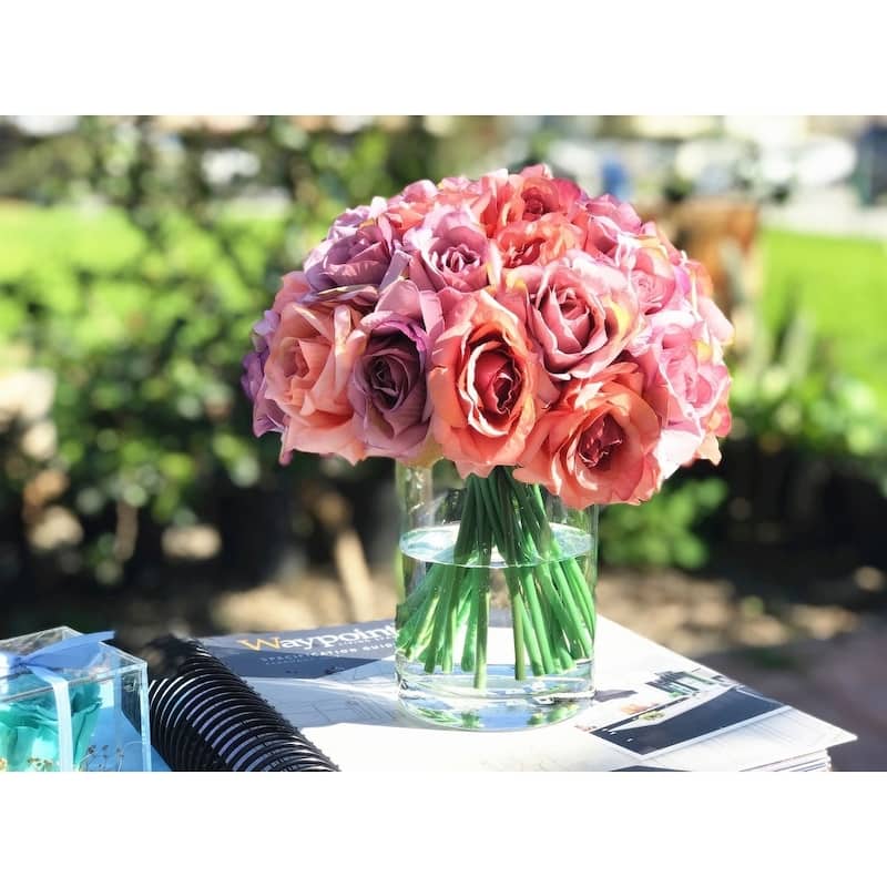 Enova Home Artificial Open Fake Silk Roses Flowers Arrangement in Clear Cylinder Glass Vase with Faux Water for Home Decor