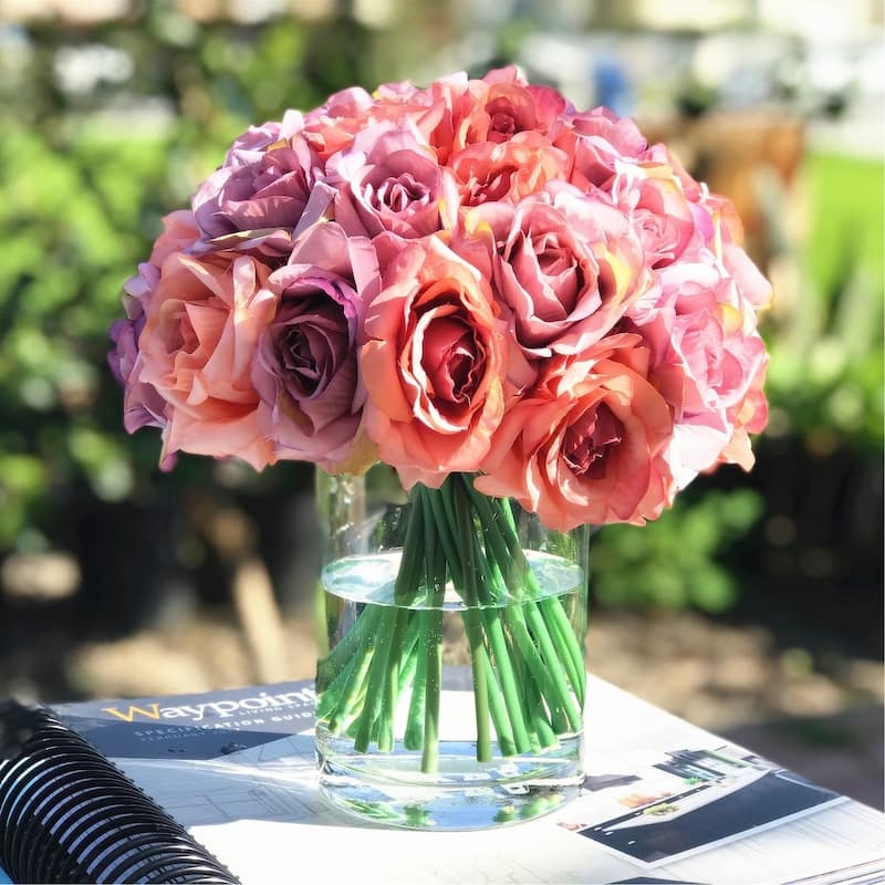 Enova Home Artificial Open Fake Silk Roses Flowers Arrangement in Clear Cylinder Glass Vase with Faux Water for Home Decor
