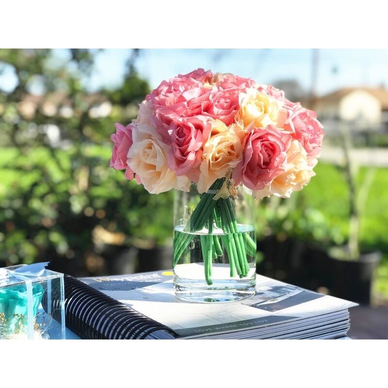 Enova Home Artificial Open Fake Silk Roses Flowers Arrangement in Clear Cylinder Glass Vase with Faux Water for Home Decor