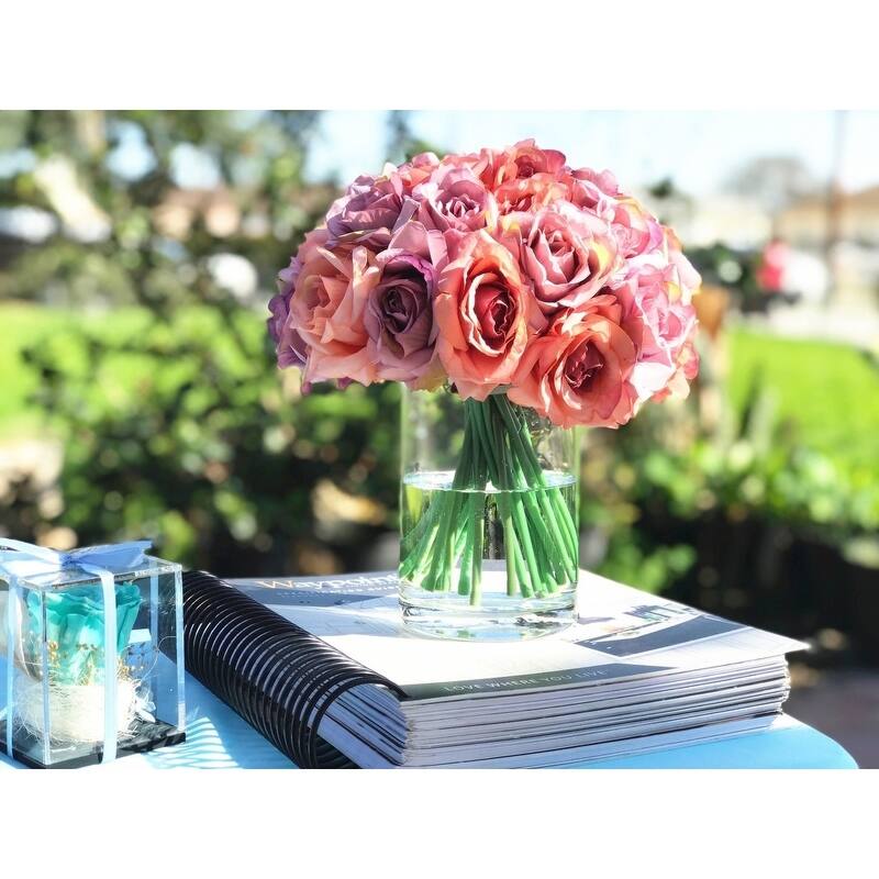 Enova Home Artificial Open Fake Silk Roses Flowers Arrangement in Clear Cylinder Glass Vase with Faux Water for Home Decor