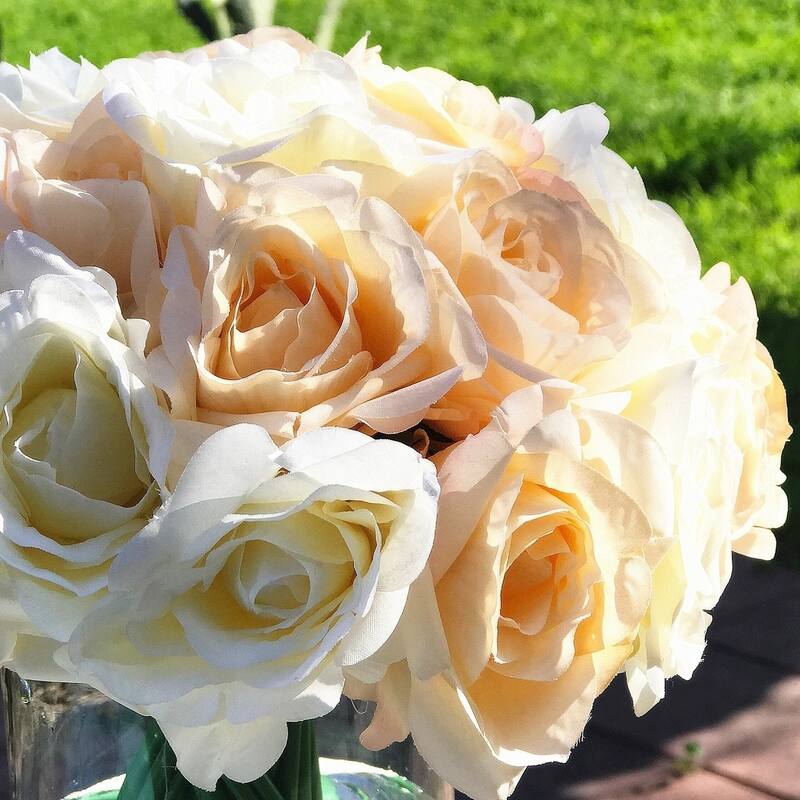 Enova Home Artificial Open Fake Silk Roses Flowers Arrangement in Clear Cylinder Glass Vase with Faux Water for Home Decor