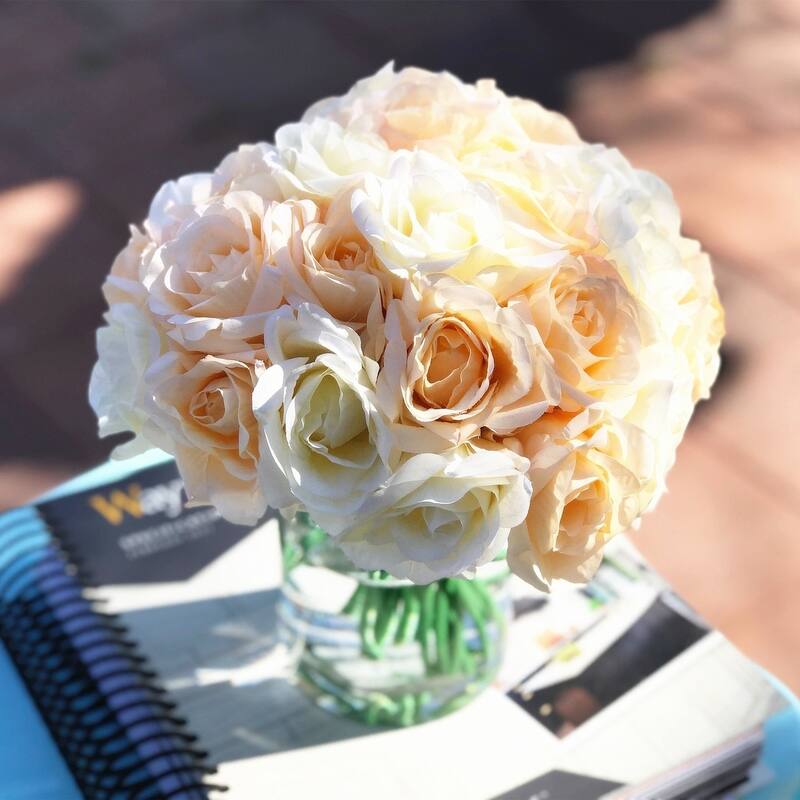 Enova Home Artificial Open Fake Silk Roses Flowers Arrangement in Clear Cylinder Glass Vase with Faux Water for Home Decor