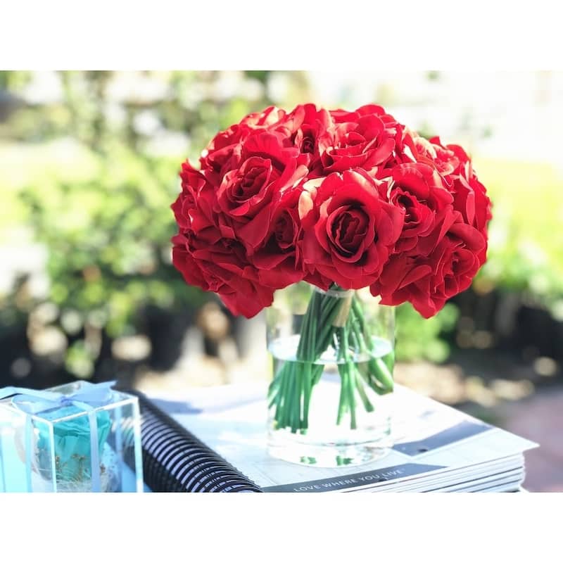 Enova Home Artificial Open Fake Silk Roses Flowers Arrangement in Clear Cylinder Glass Vase with Faux Water for Home Decor