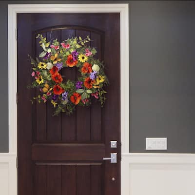 Summer Garden Flowers with Monarch Butterflies Wreath 22"