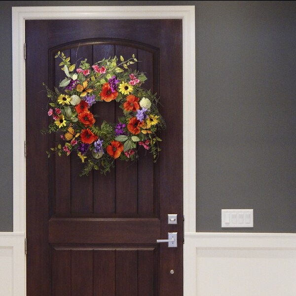 Summer Garden Flowers with Monarch Butterflies Wreath 22"