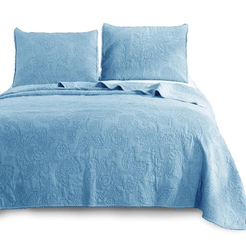 KASENTEX 3-Piece Stone Washed Quilt Set Soft Cotton Reversible Bedspread Coverlet Set - Light Blue - Queen