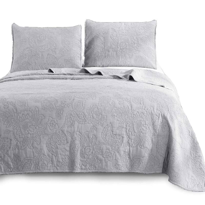 KASENTEX 3-Piece Stone Washed Quilt Set Soft Cotton Reversible Bedspread Coverlet Set - Light Grey - Queen