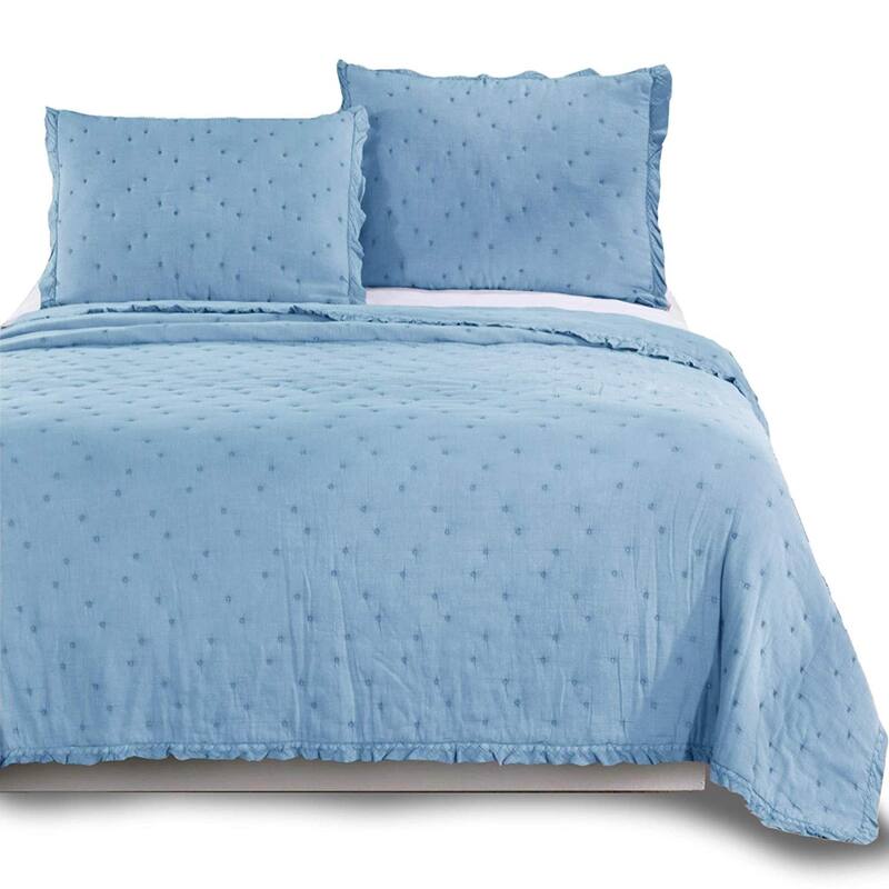 KASENTEX 3-Piece Stone Washed Quilt Set Soft Cotton Reversible Bedspread Coverlet Set - Light Blue - Queen