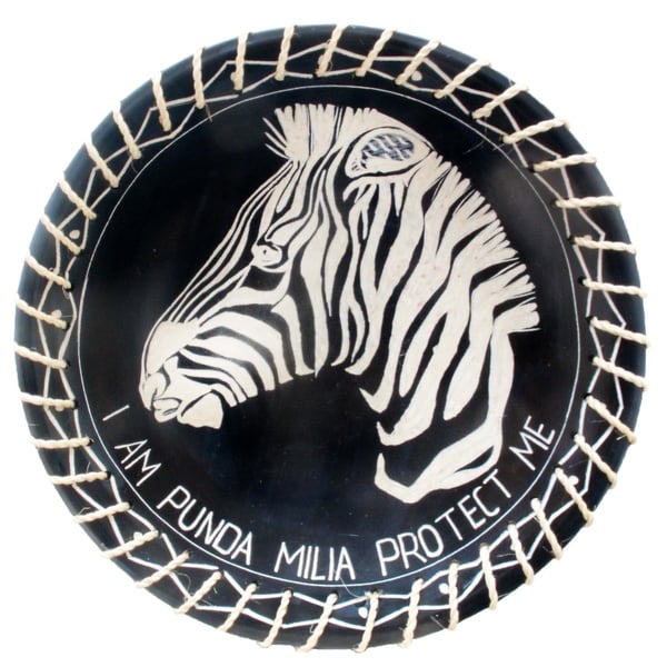 Handmade 8" Protect Me Kisii Soapstone Zebra Plate with Sisal Rope (Kenya). Opens flyout.